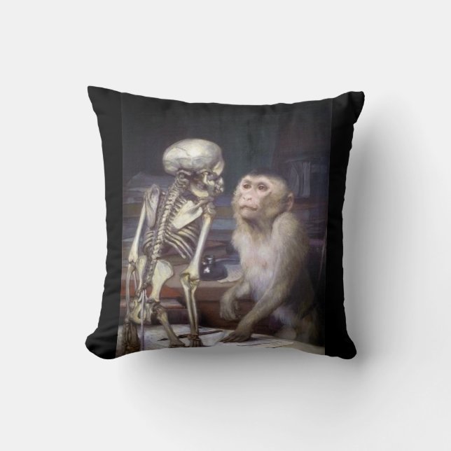 Monkey Before Skeleton Throw Pillow (Front)