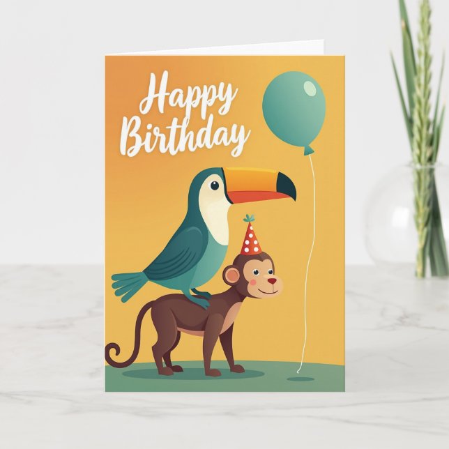 Monkey Bird Party Birthday Card (Front)
