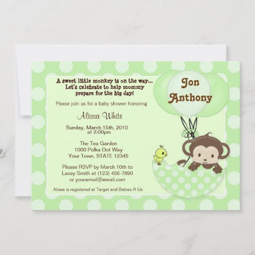 Monkey Birdie Umbrella Baby Shower Invitation