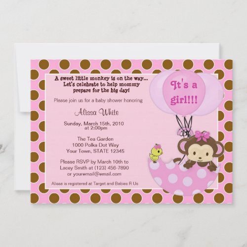 Monkey Birdie Umbrella Baby Shower Invitation