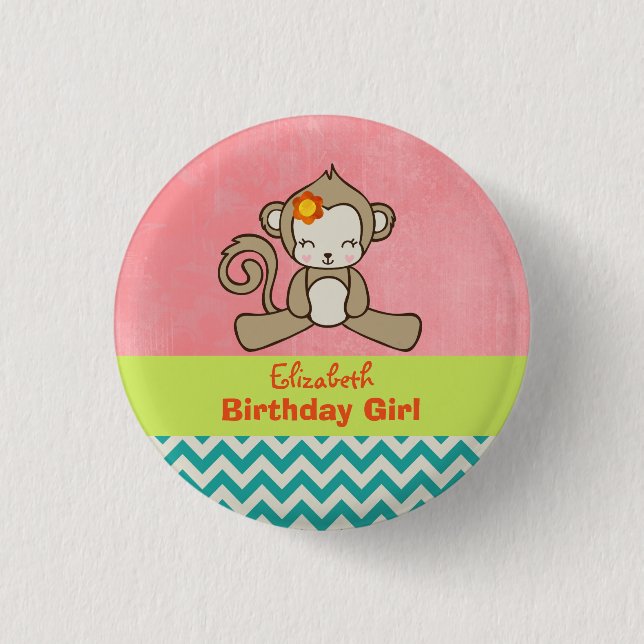 Monkey Birthday Girl Cute Kawaii Pinback Button (Front)
