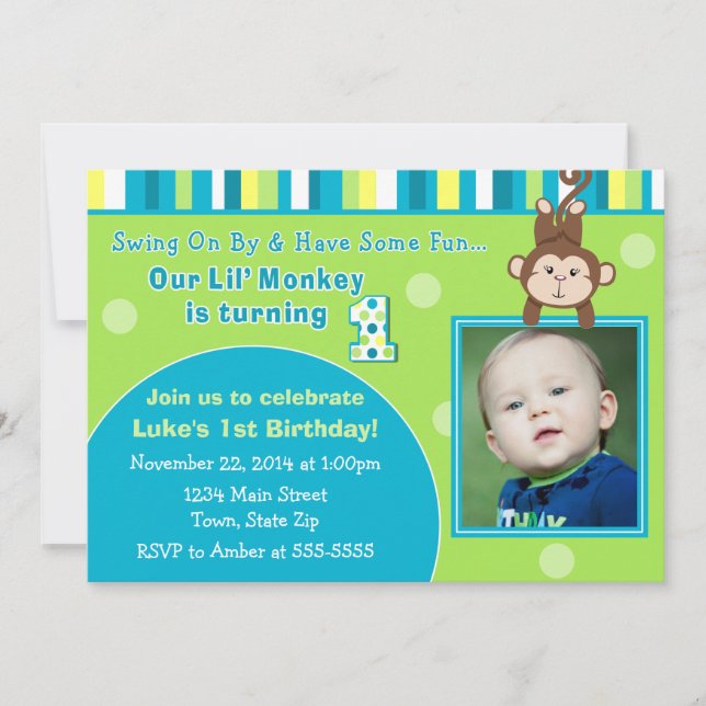 Monkey Birthday Invitation 5x7 Photo Card (Front)