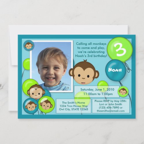 Monkey birthday invitation blue green (photo)
