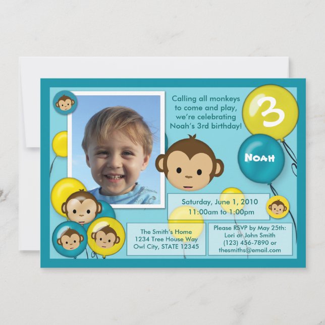 Monkey birthday invitation blue yellow (photo) (Front)