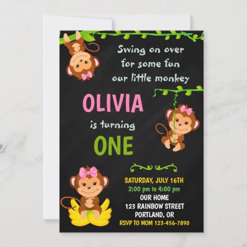 Monkey birthday invitation Girl 1st birthday party