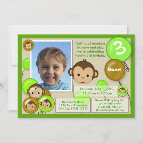 Monkey birthday invitation green brown (photo)