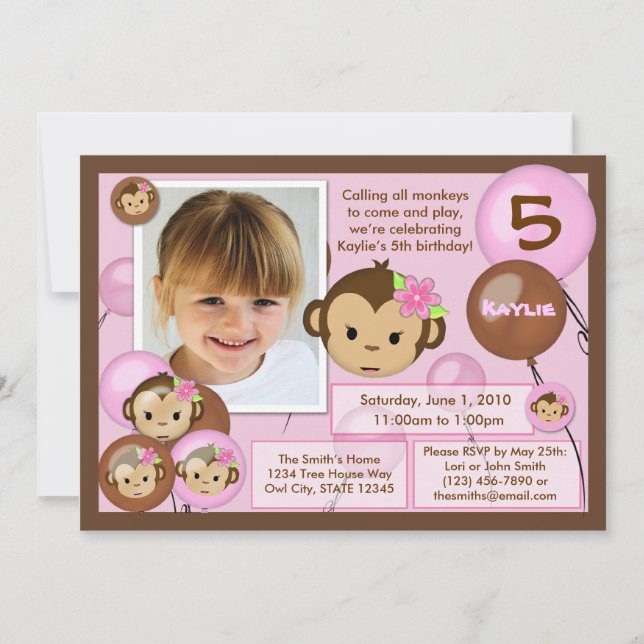 Monkey birthday invitation pink brown (photo) (Front)
