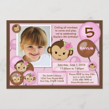 Monkey Birthday Invitation Pink Brown (photo) by MonkeyHutDesigns at Zazzle
