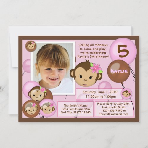 Monkey birthday invitation pink brown (photo)