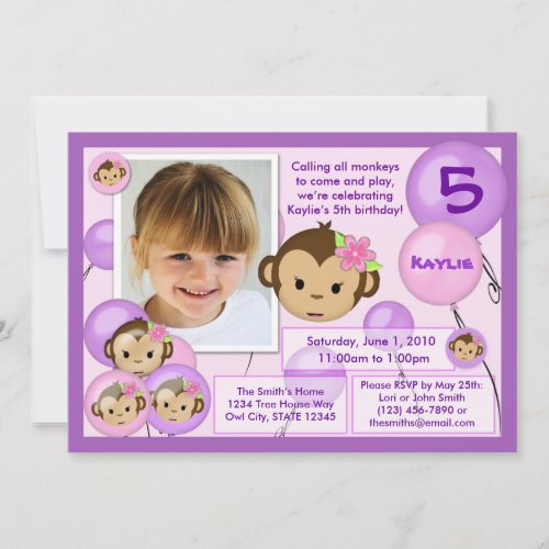 Monkey birthday invitation purple pink (photo)