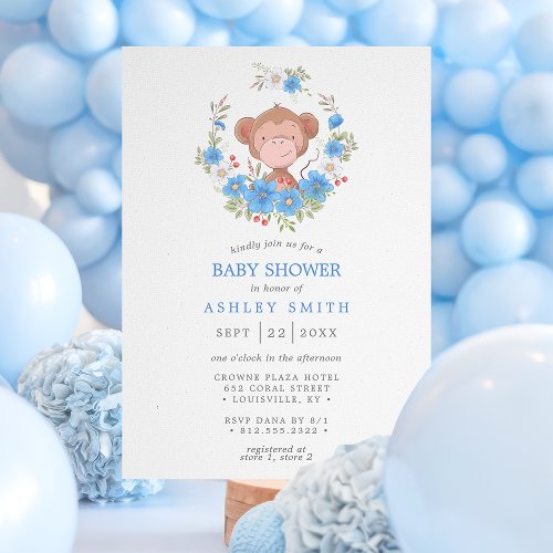 Monkey Blue Floral Boy Baby Shower Invitation