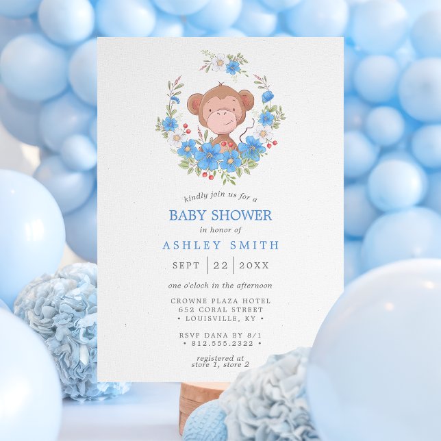 Monkey Blue Floral Boy Baby Shower Invitation (Creator Uploaded)
