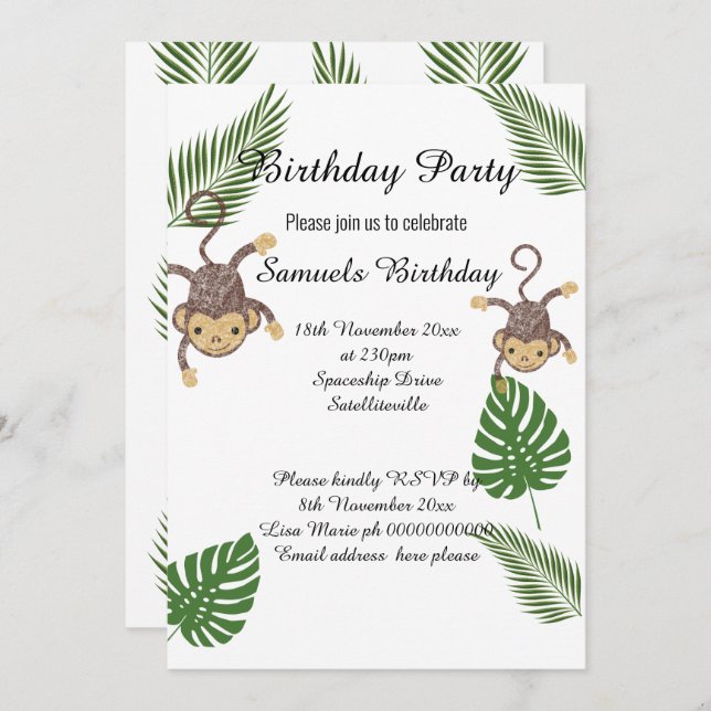 MONKEY BOTANICAL GREEN FERN CHILDRENS BIRTHDAY INVITATION (Front/Back)