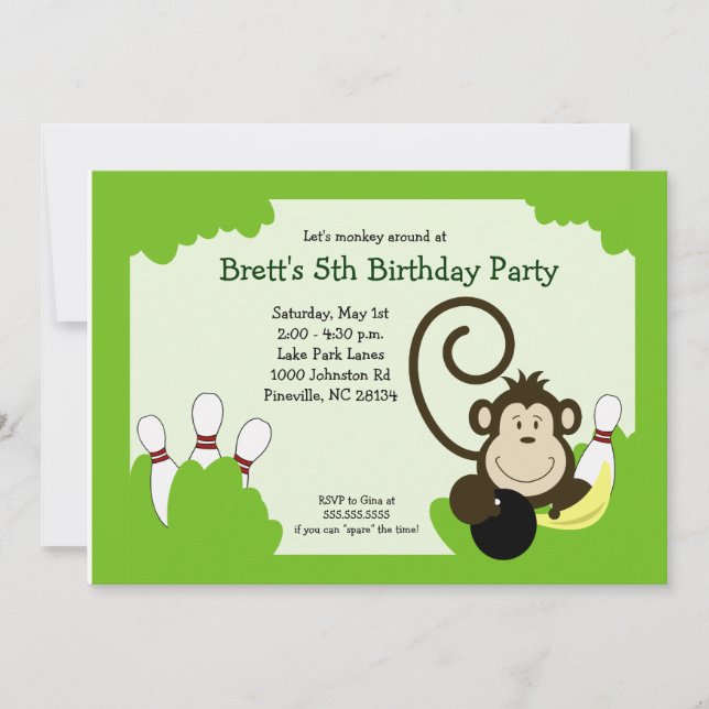 Monkey Bowl Bowling Party Birthday 5x7 Invitation (Front)