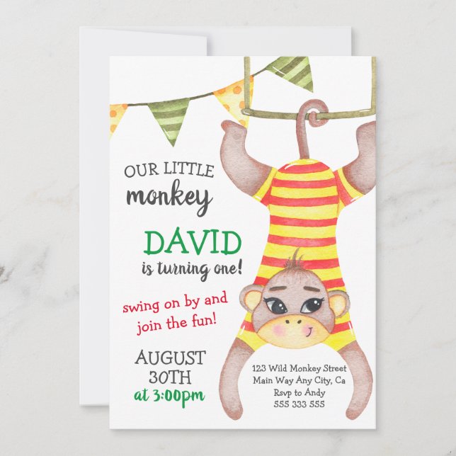 Monkey Boy First Birthday Wild One Circus Monkey Invitation (Front)