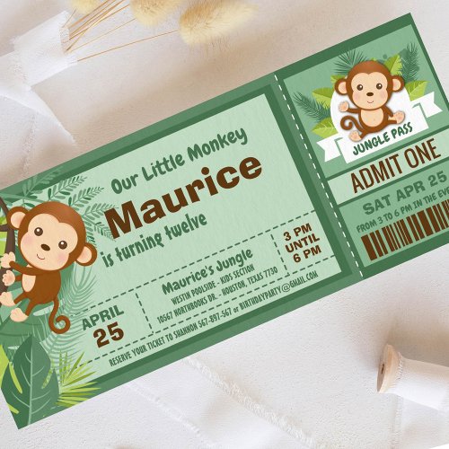 Monkey Boy Jungle Ticket Pass Birthday Party Invitation