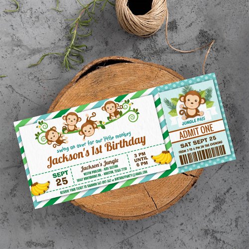 Monkey Boy Jungle Ticket Pass Birthday Party Invitation