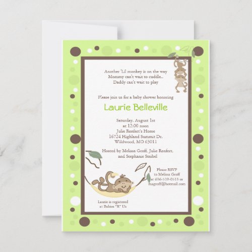 Monkey Business Green Brown Dot Baby Shower Custom Invite
