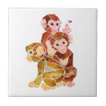 Monkey Business Tile<br><div class="desc">Abstract drawing of three monkeys. The monkey on the top is pointing towards a butterfly. This was colored with watercolor.</div>