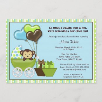 Monkey Carriage Baby Shower Invitation Blue Green by MonkeyHutDesigns at Zazzle