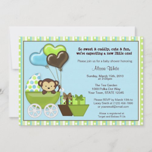 Monkey Carriage Baby Shower Invitation BLUE GREEN
