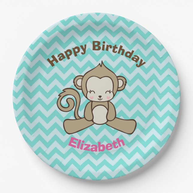 Monkey Cartoon Cute Kawaii Happy Birthday Paper Plates (Front)