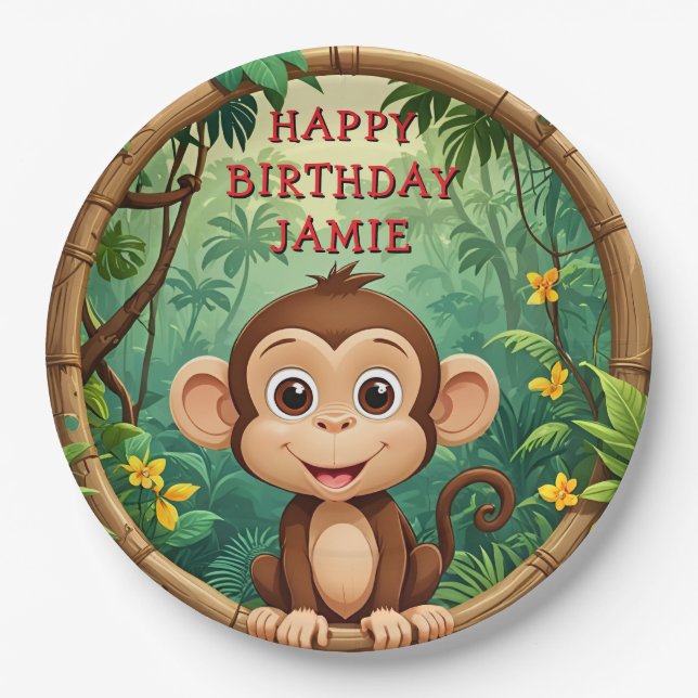 "Monkey Cartoon Party – Custom Text Kids" Paper Plates (Front)