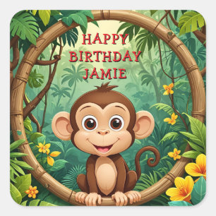 "Monkey Cartoon Party – Custom Text Kids" Square Sticker