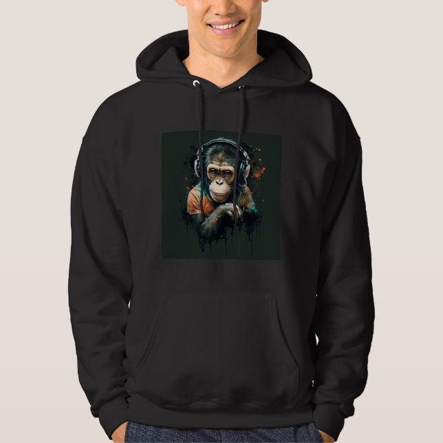 Monkey Chimp DJ with headphones , music lover.  Hoodie (Front)
