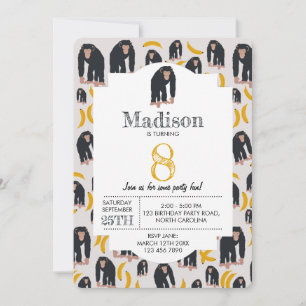 Monkey Chimpanzee & Banana Kids Birthday Invitation