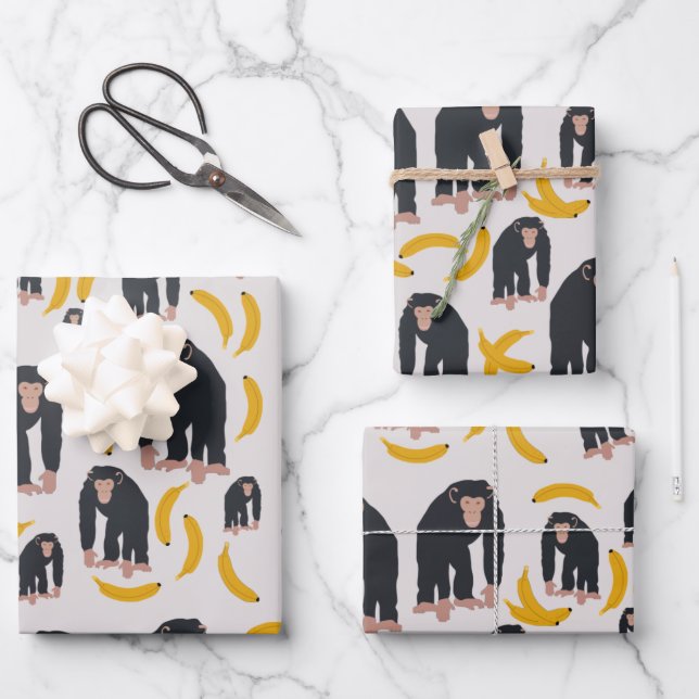 Monkey Chimpanzee & Banana Pattern Wrapping Paper Sheets (Front)