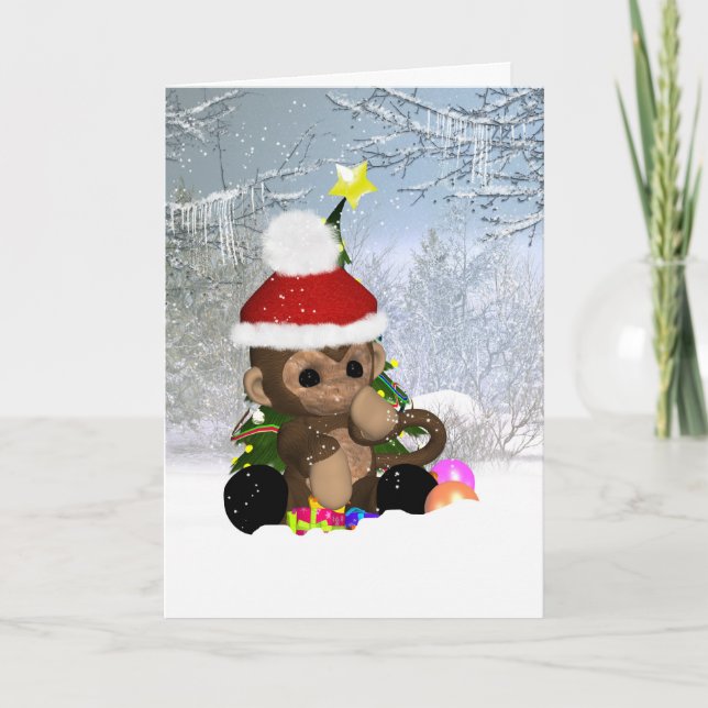 Monkey Christmas Card, Cute Monkey In Snow Holiday Card (Front)