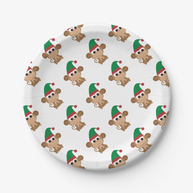 Monkey Christmas Elf Paper Plates (Front)