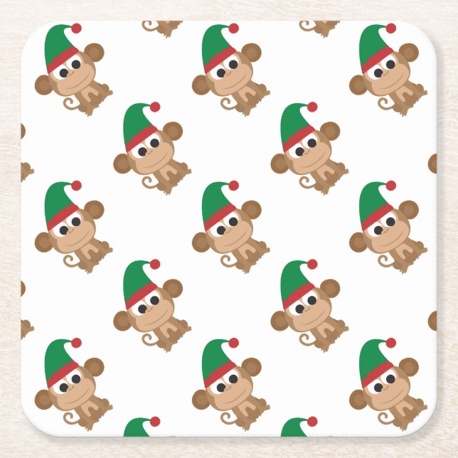 Monkey Christmas Elf Square Paper Coaster (Front)