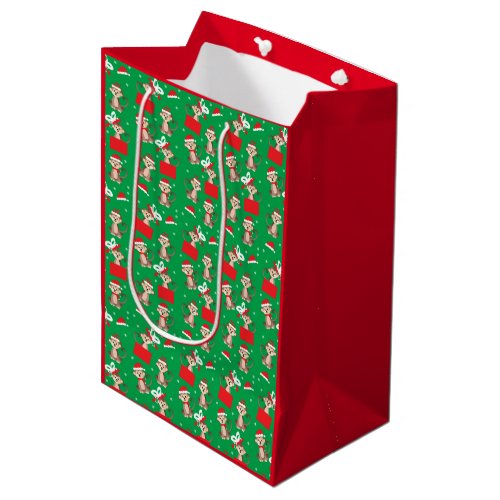Monkey Christmas Present Pattern Green Red Medium Gift Bag