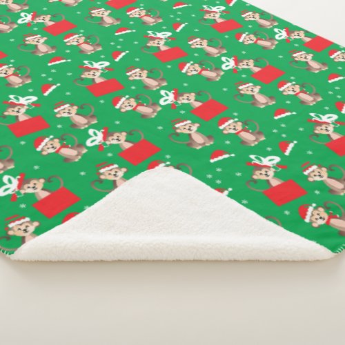 Monkey Christmas Santa Hat Pattern Red Green Sherpa Blanket
