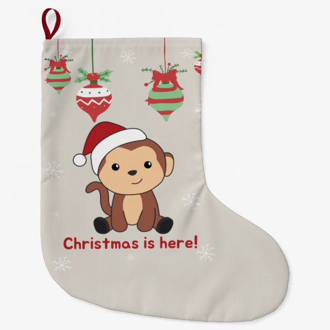 Monkey Christmas Snow Winter Animals Monkeys Large Large Christmas Stocking (Front)