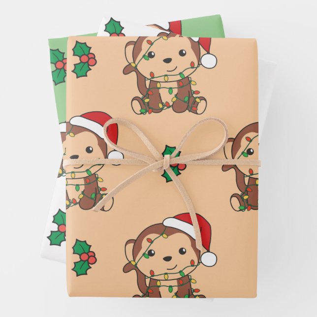 Monkey Christmas Winter Animals Holiday Monkeys Wrapping Paper Sheets (In situ)