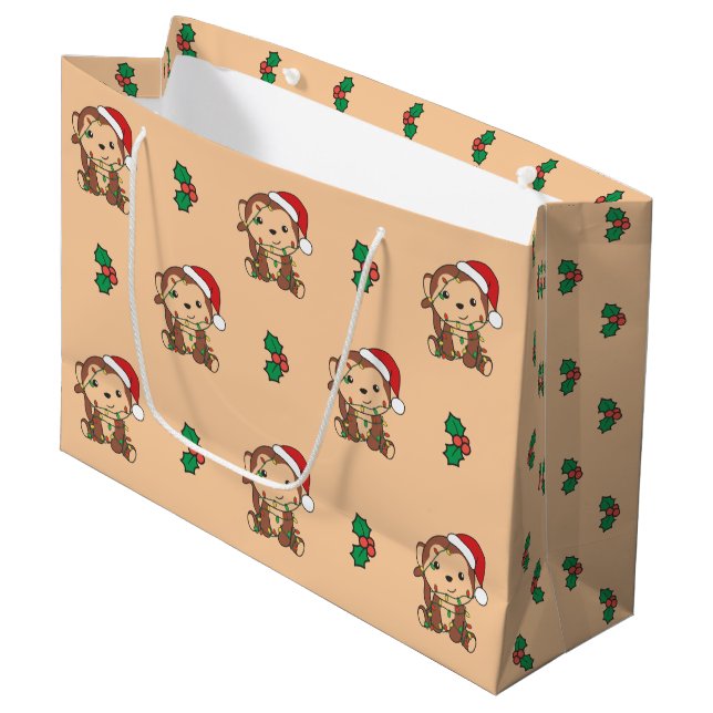 Monkey Christmas Winter Animals Monkeys Large Gift Bag (Front Angled)