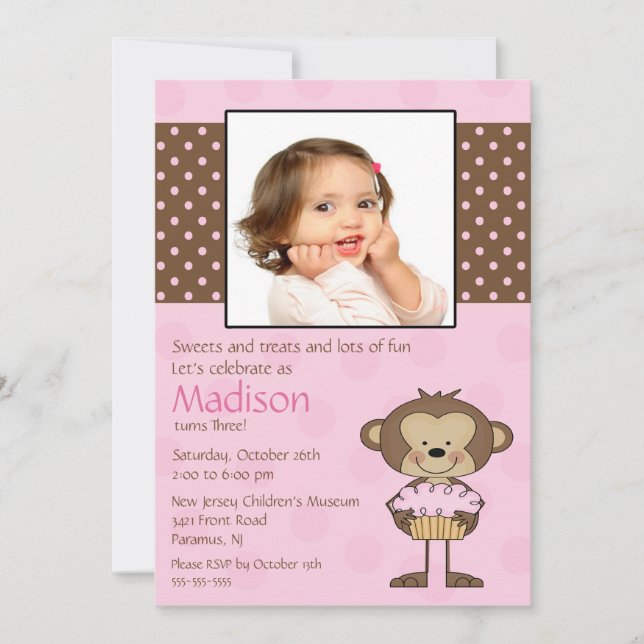 Monkey Cupcake Photo Birthday Invitation (Front)