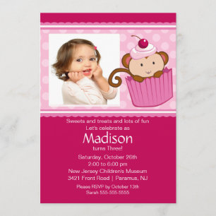 Monkey Cupcake Photo Birthday Invitation