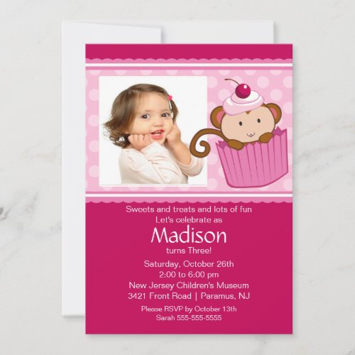 Monkey Cupcake Photo Birthday Invitation