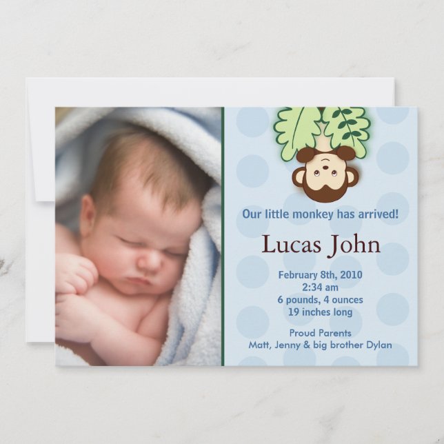 Monkey Custom Photo Birth Announcements (Front)