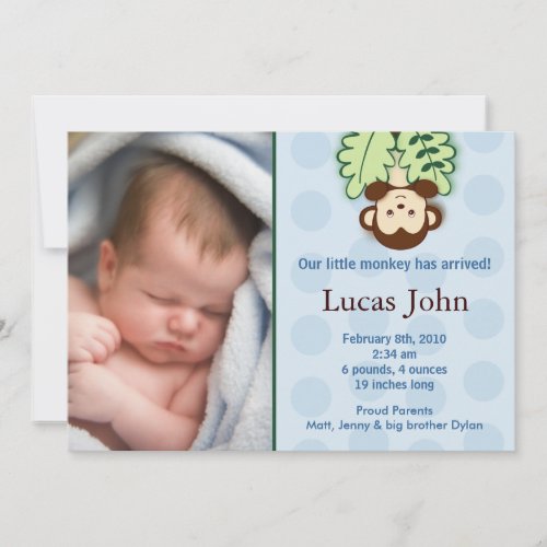 Monkey Custom Photo Birth Announcements