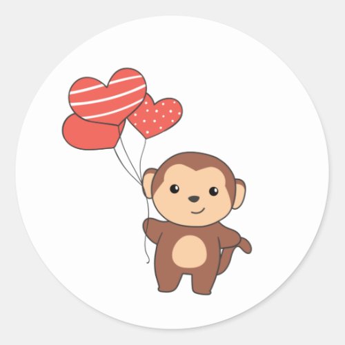 Monkey Cute Animals With Heart Balloons valentine  Classic Round Sticker