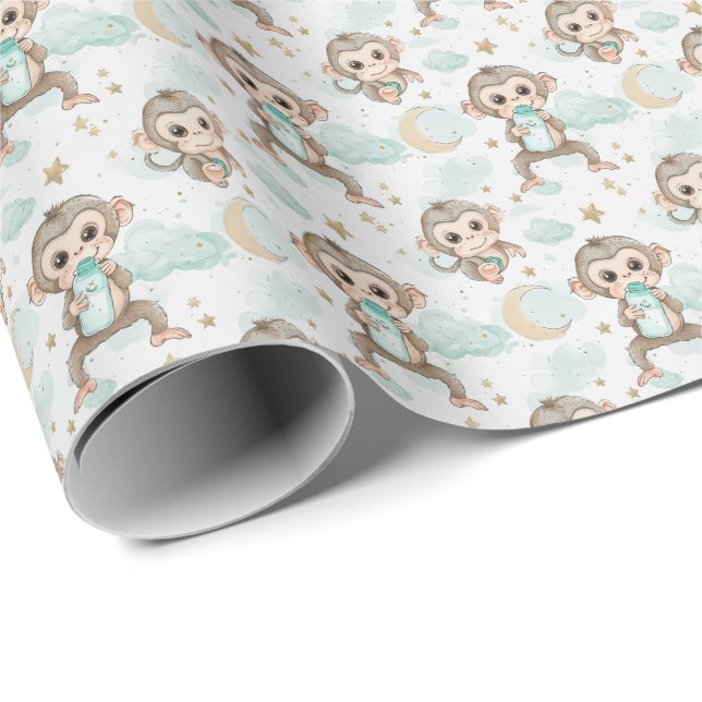 Monkey Cute Baby Pastel Watercolor Pattern  Wrapping Paper (Roll Corner)