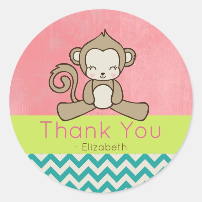 Monkey Cute Kawaii Happy Thank You Classic Round Sticker (Front)
