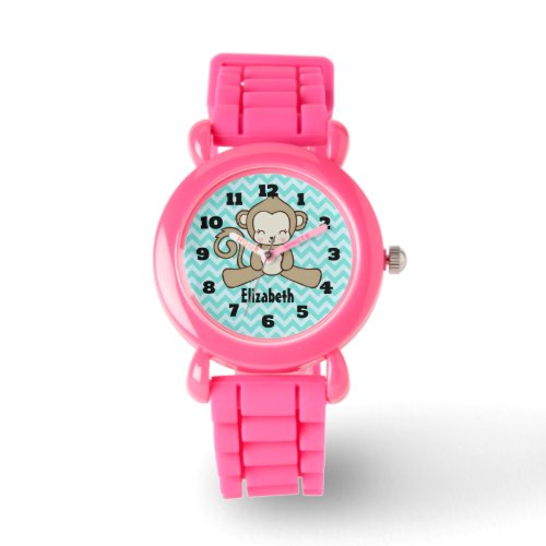 Monkey Cute  Kawaii On Blue Chevron Personalized Watch