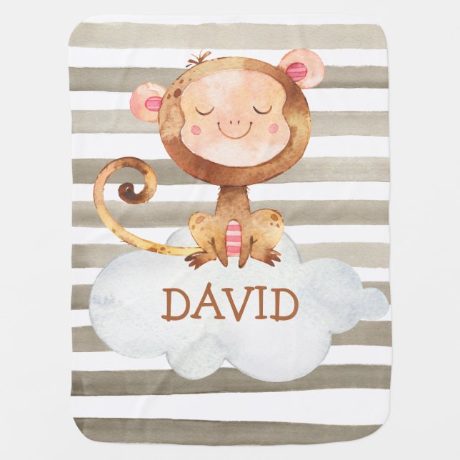 Monkey Cute Watercolor ZOO Baby Name Personalized Blanket (Front)