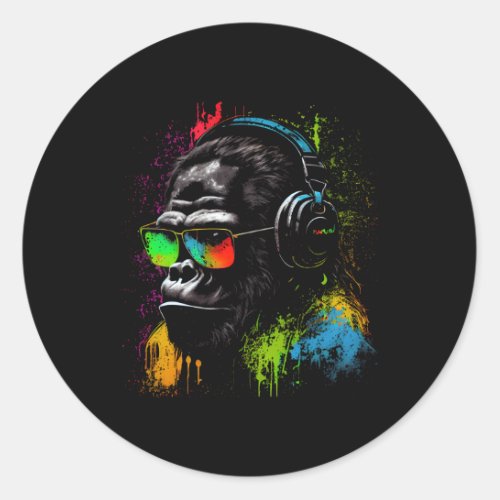 Monkey Dj With Headphones And Sunglasses Gorilla M Classic Round Sticker
